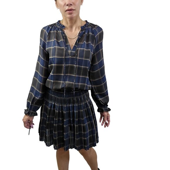 Current Air Black & Navy Plaid Ruffled Chiffon Mini Dress, Size S - Picture 1 of 16